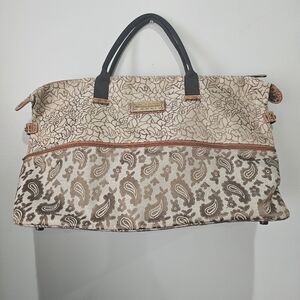 Vintage .Travel bag. Bill Blass Cream and Brown Travel Bag with Elegant Pattern